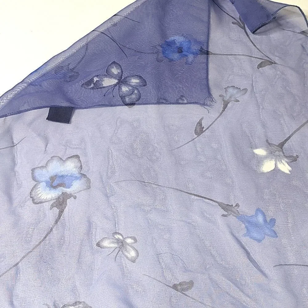 Blue Floral & Butterfly Design Sheer Oblong Scarf